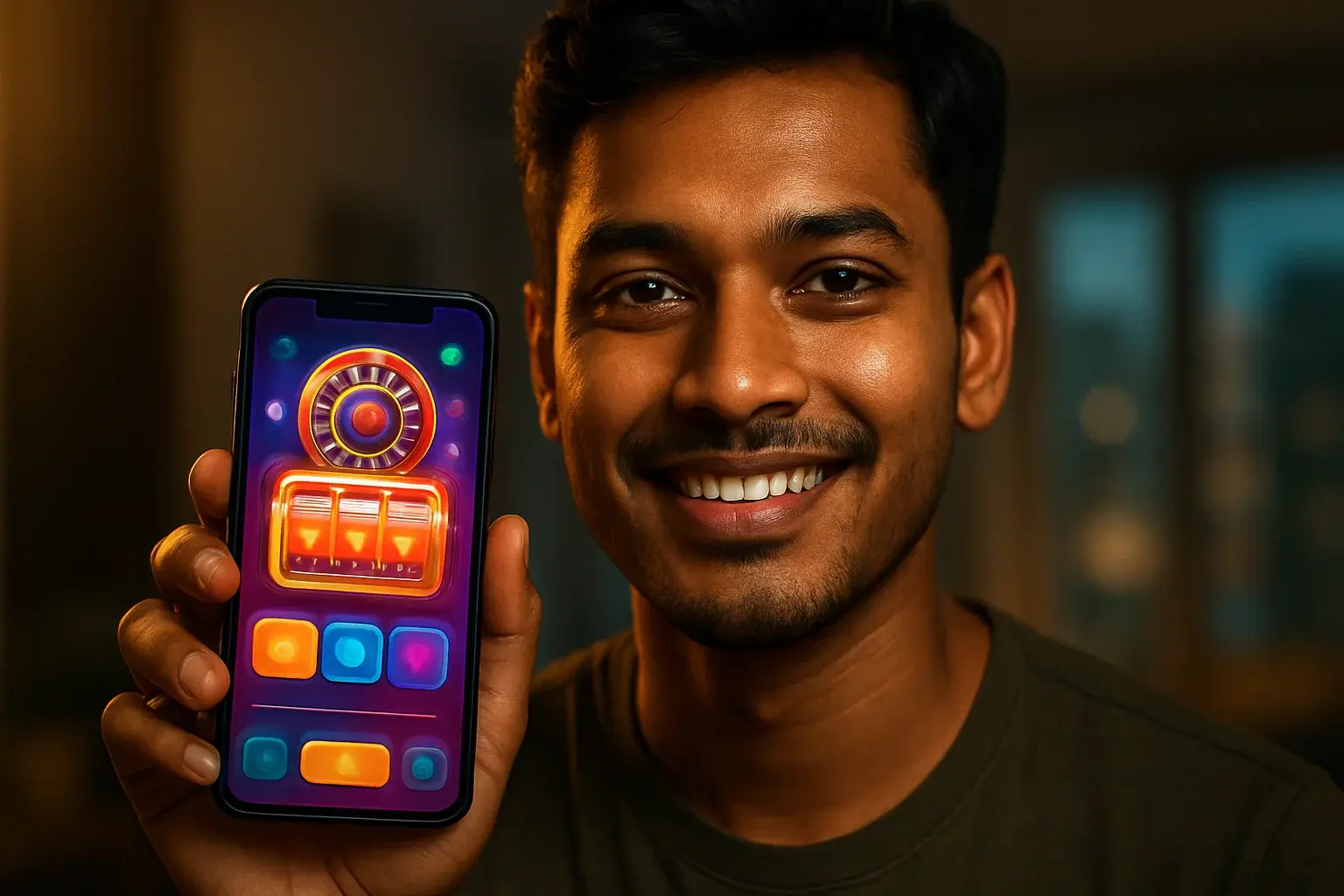 Young Bangladeshi man holding smartphone showing glowing casino app interface