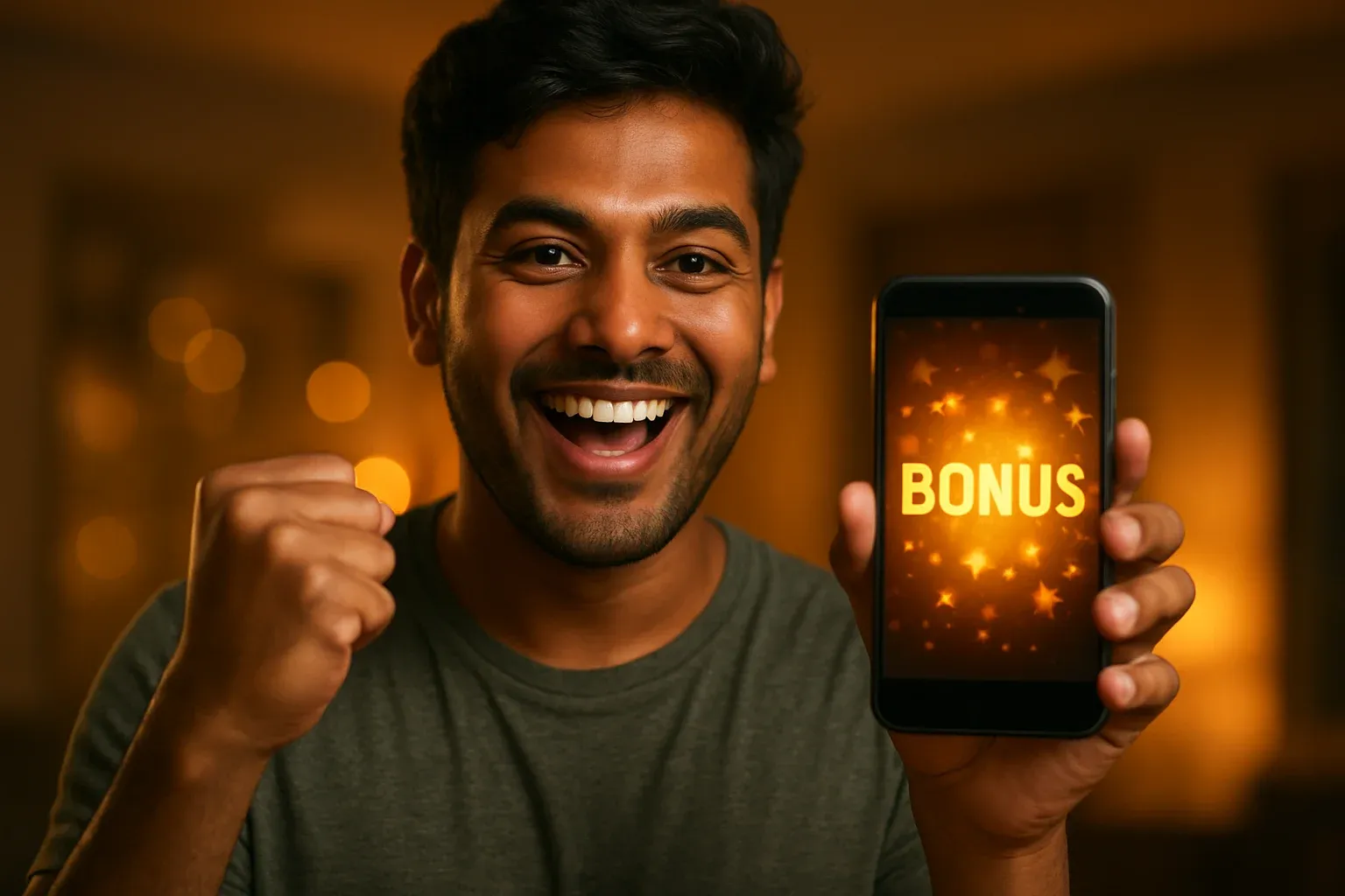 Joyful Bangladeshi man celebrating, holding smartphone with glowing bonus notification
