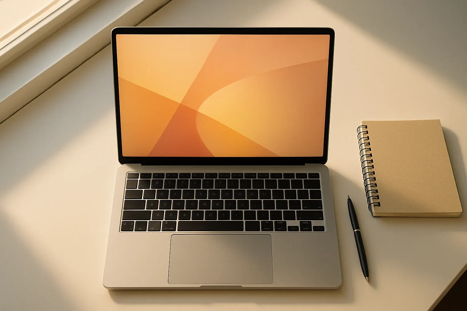 Modern laptop on white desk with abstract glowing screen in daylight