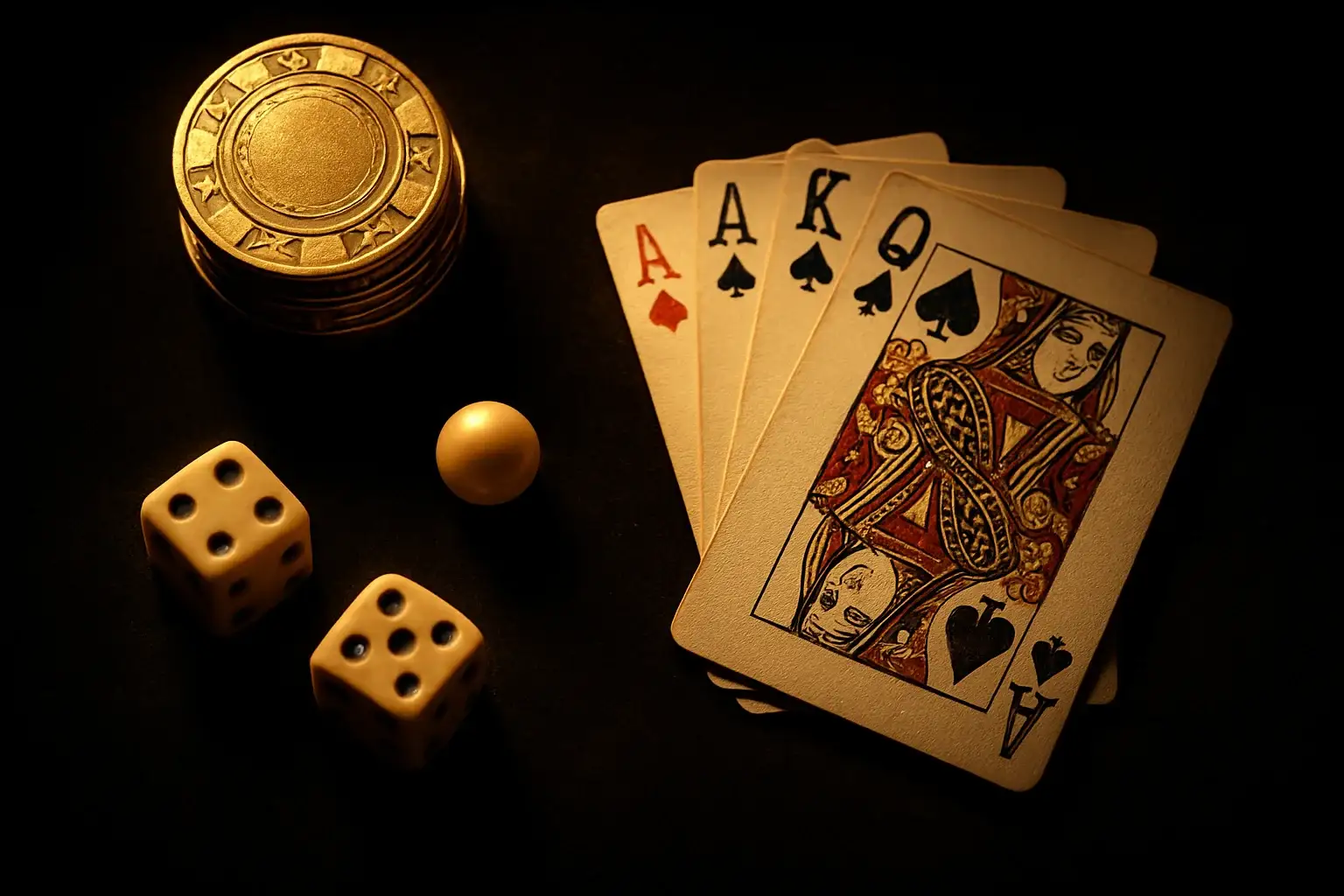 Top-down dark velvet casino scene with golden chips, cards, dice, roulette ball