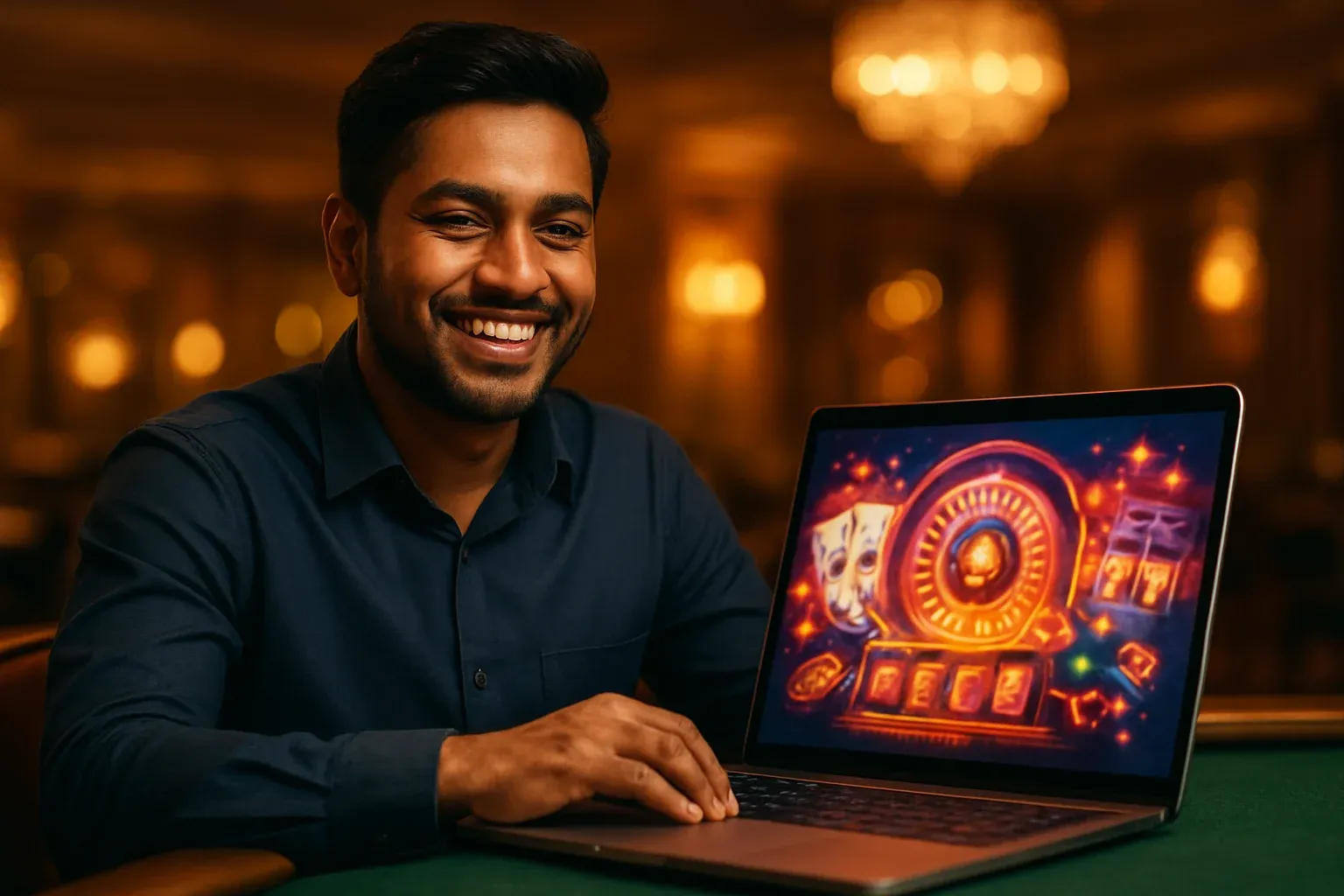 Cheerful Bangladeshi man smiling at laptop with glowing casino interface