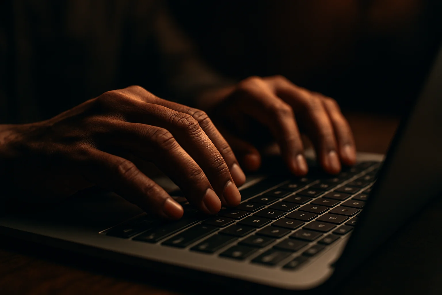 Close-up of Bangladeshi hands typing on modern laptop keyboard in dark light