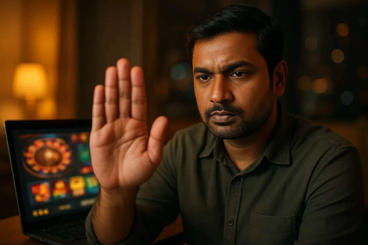 Bangladeshi man makes stop gesture beside laptop with blurred online casino