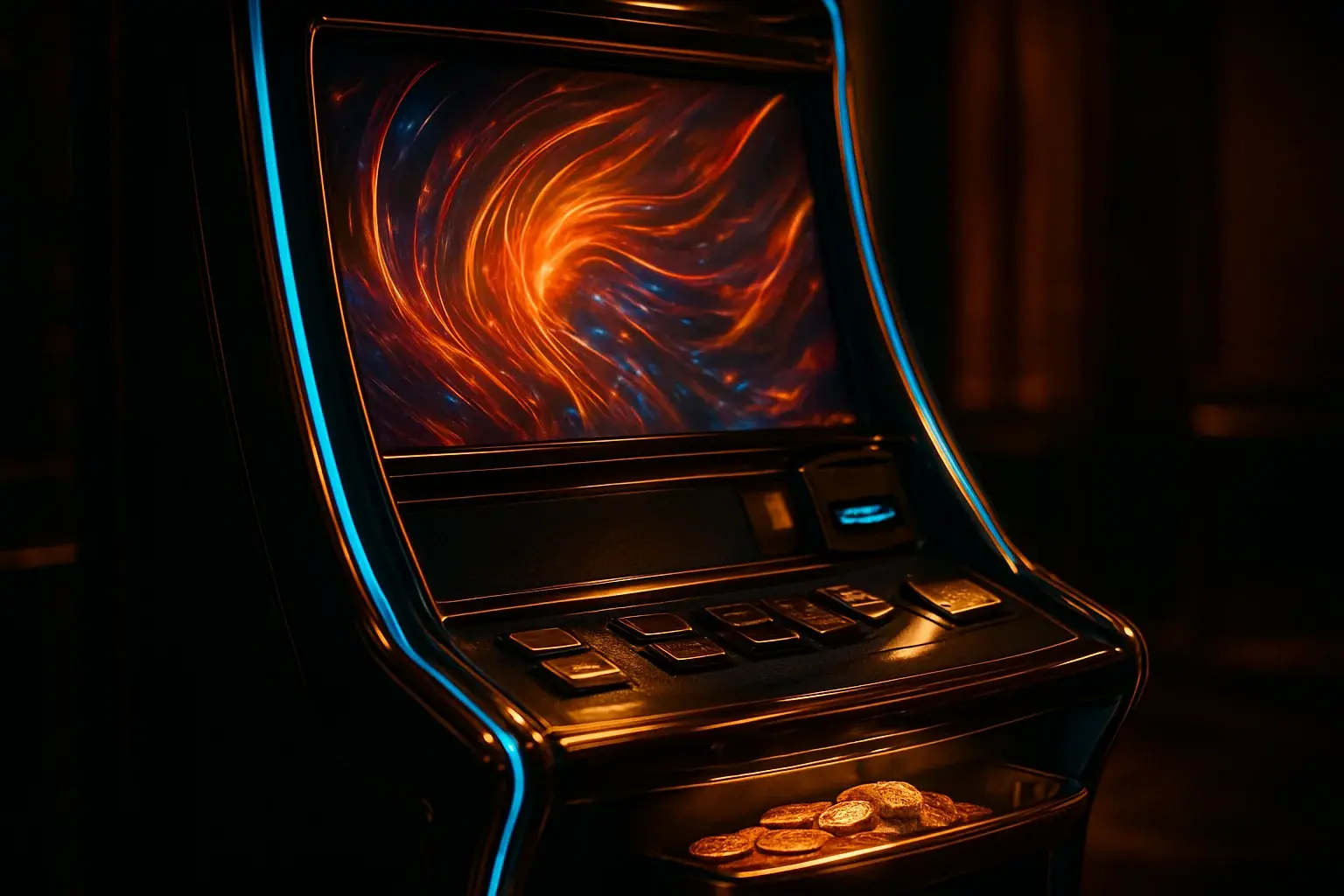 Hyperrealistic premium slot machine in dark luxury setting with neon lighting